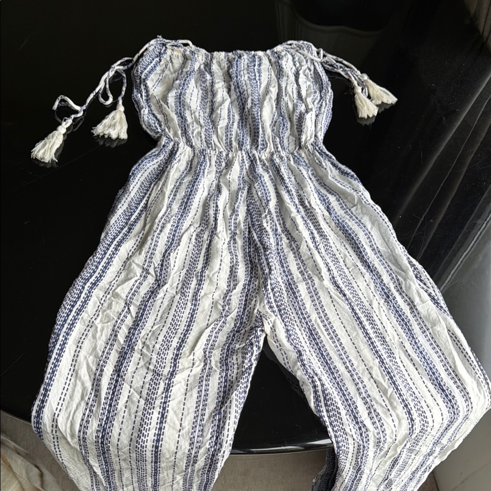 Skylar + Madison Blue & White Tassel Off-Shoulder Jumpsuit Size S